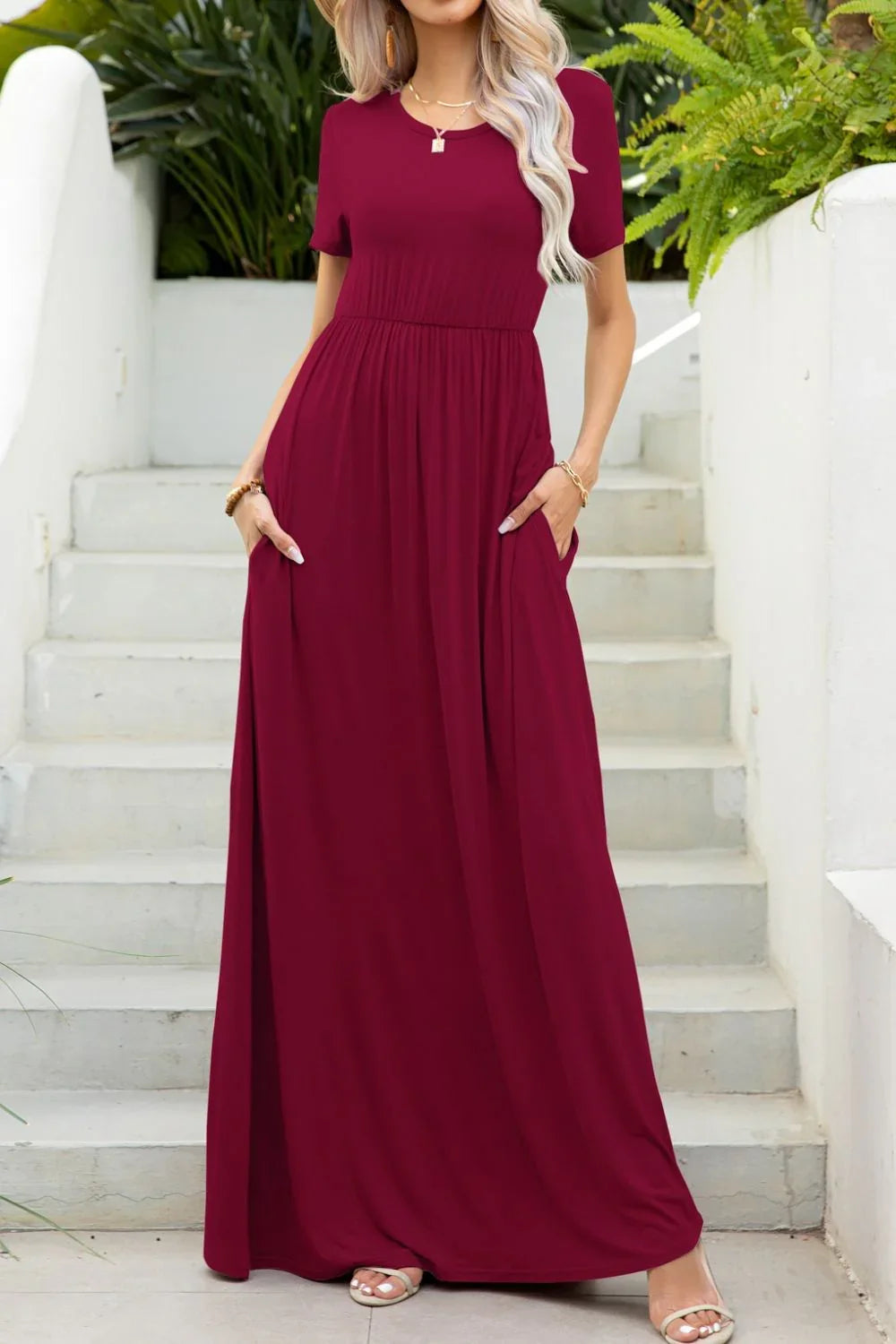 Round Neck Maxi Tee Dress with Pockets - VILLA FASHION